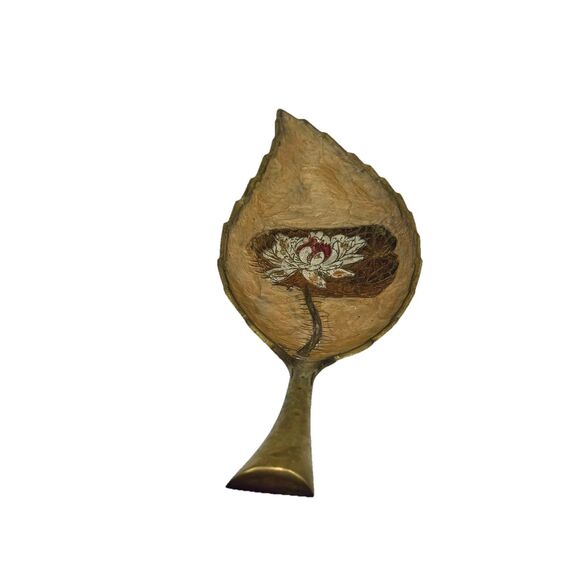 Vintage Solid Brass w Enamel Figural Leaf Trinket / Change / Keys Tray - Picture 4 of 7